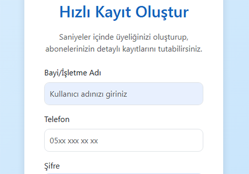 Abone kayıt programı hızlı kayıt oluşturma ekranı